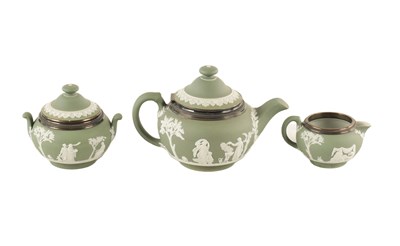 Lot 106 - A 19TH CENTURY WEDGWOOD GREEN JASPER WARE THREE-PIECE TEA SERVICE