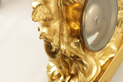 Lot 918 - AN ENGLISH REGENCY ORMOLU DOUBLE FUSEE FIGURAL MANTEL CLOCK