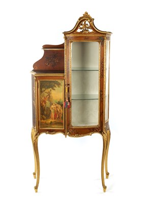 Lot 1373 - A LATE 19TH CENTURY FRENCH VERNIS MARTÍN AND CARVED GILT WOOD DISPLAY CABINET