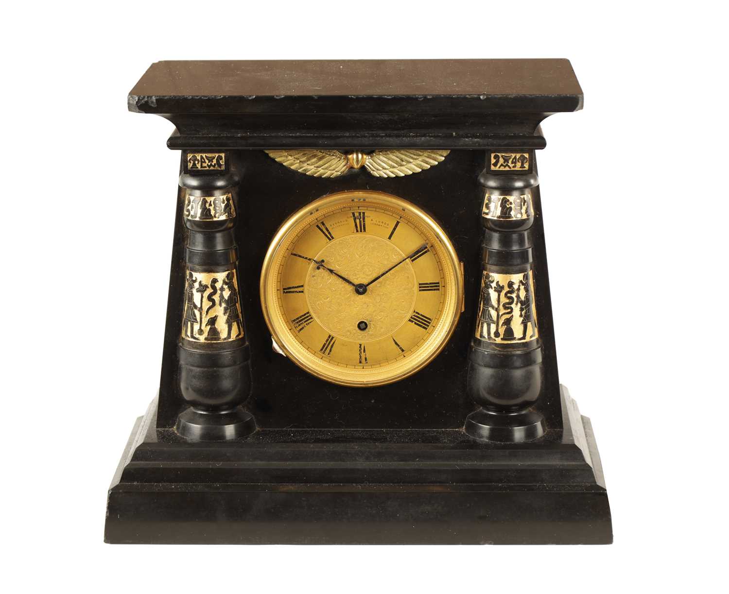 Lot 959 - BARRAUD & LUNDS, LONDON. AN ENGLISH REGENCY EGYPTIAN REVIVAL FUSEE MANTEL CLOCK