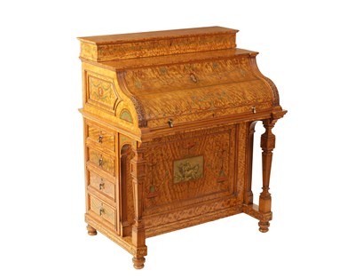 Lot 1329 - A FINE EXHIBITION QUALITY OVERSIZED 19TH CENTURY PAINTED SATINWOOD POP-UP PIANO TOP DAVENPORT ATTRIBUTED TO WRIGHT AND MANSFIELD