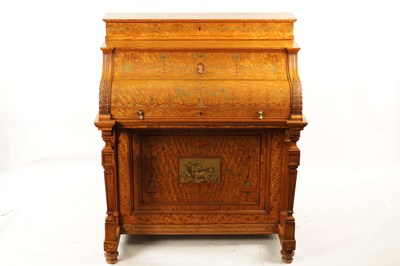 Lot 1329 - A FINE EXHIBITION QUALITY OVERSIZED 19TH CENTURY PAINTED SATINWOOD POP-UP PIANO TOP DAVENPORT ATTRIBUTED TO WRIGHT AND MANSFIELD