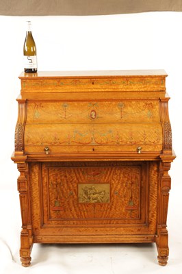 Lot 1329 - A FINE EXHIBITION QUALITY OVERSIZED 19TH CENTURY PAINTED SATINWOOD POP-UP PIANO TOP DAVENPORT ATTRIBUTED TO WRIGHT AND MANSFIELD