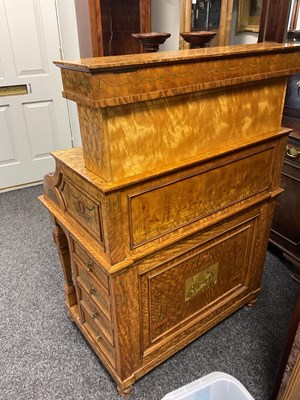 Lot 1329 - A FINE EXHIBITION QUALITY OVERSIZED 19TH CENTURY PAINTED SATINWOOD POP-UP PIANO TOP DAVENPORT ATTRIBUTED TO WRIGHT AND MANSFIELD
