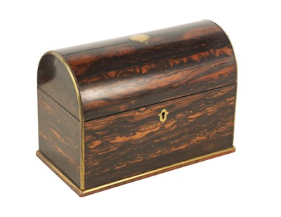 Lot 1158 - A LATE 19TH CENTURY COROMANDEL AND BRASS BOUND DOMED TEA CADDY BY EDWARDS & JONES, 161 REGENT STREET