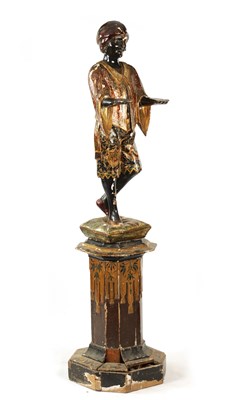 Lot 678 - A LARGE 19TH CENTURY VENETIAN CARVED LACQUERWORK BLACKAMOOR ON STAND