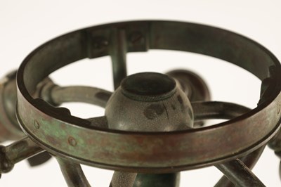 Lot 725 - TIFFANY & CO. NEW YORK. A LARGE STYLISH ART NOUVEAU GREEN PATINATED BRONZE TELESCOPIC AND STAINED GLASS TABLE LAMP