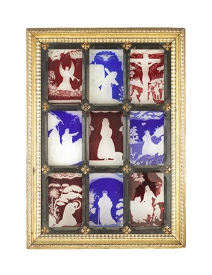 Lot 939 - A FINE LATE 19TH CENTURY COLOURED ETCHED GLASS GOTHIC STYLE WINDOW FRAME