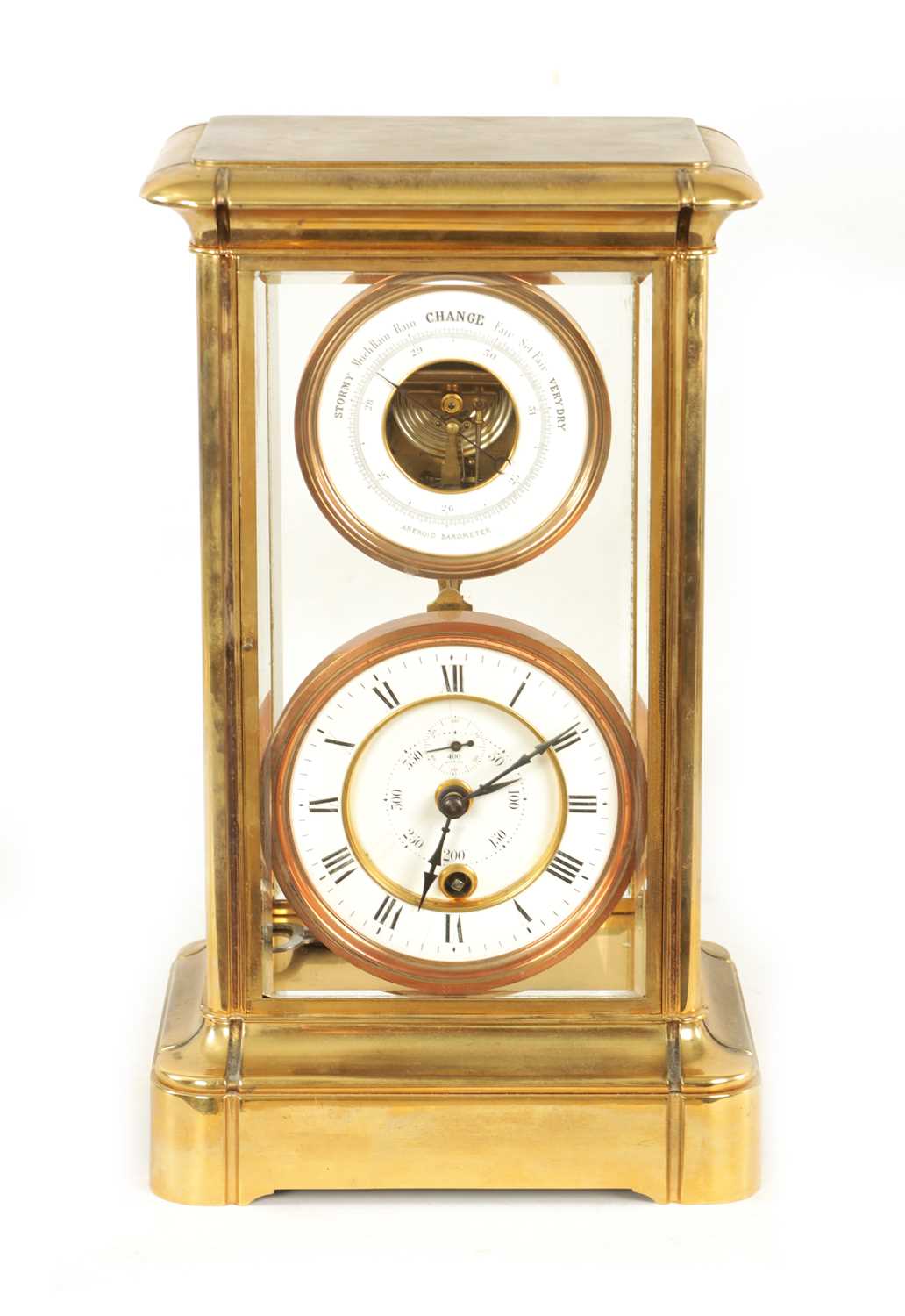 Lot 964 - A LATE 19TH CENTURY FOUR-GLASS 400-DAY MANTEL CLOCK WITH BAROMETER