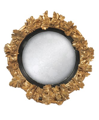 Lot 1287 - A LATE 19TH CENTURY GILTWOOD CIRCULAR WREATH CONVEX HANGING WALL MIRROR