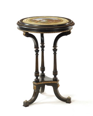 Lot 1338 - A 19TH CENTURY FRENCH PORCELAIN PANEL TOPPED EBONISED CENTRE TABLE