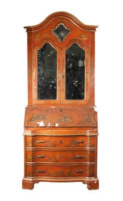 Lot 1326 - AN 18TH CENTURY CONTINENTAL SCARLET LACQUERED CHINOISERIE BUREAU BOOKCASE