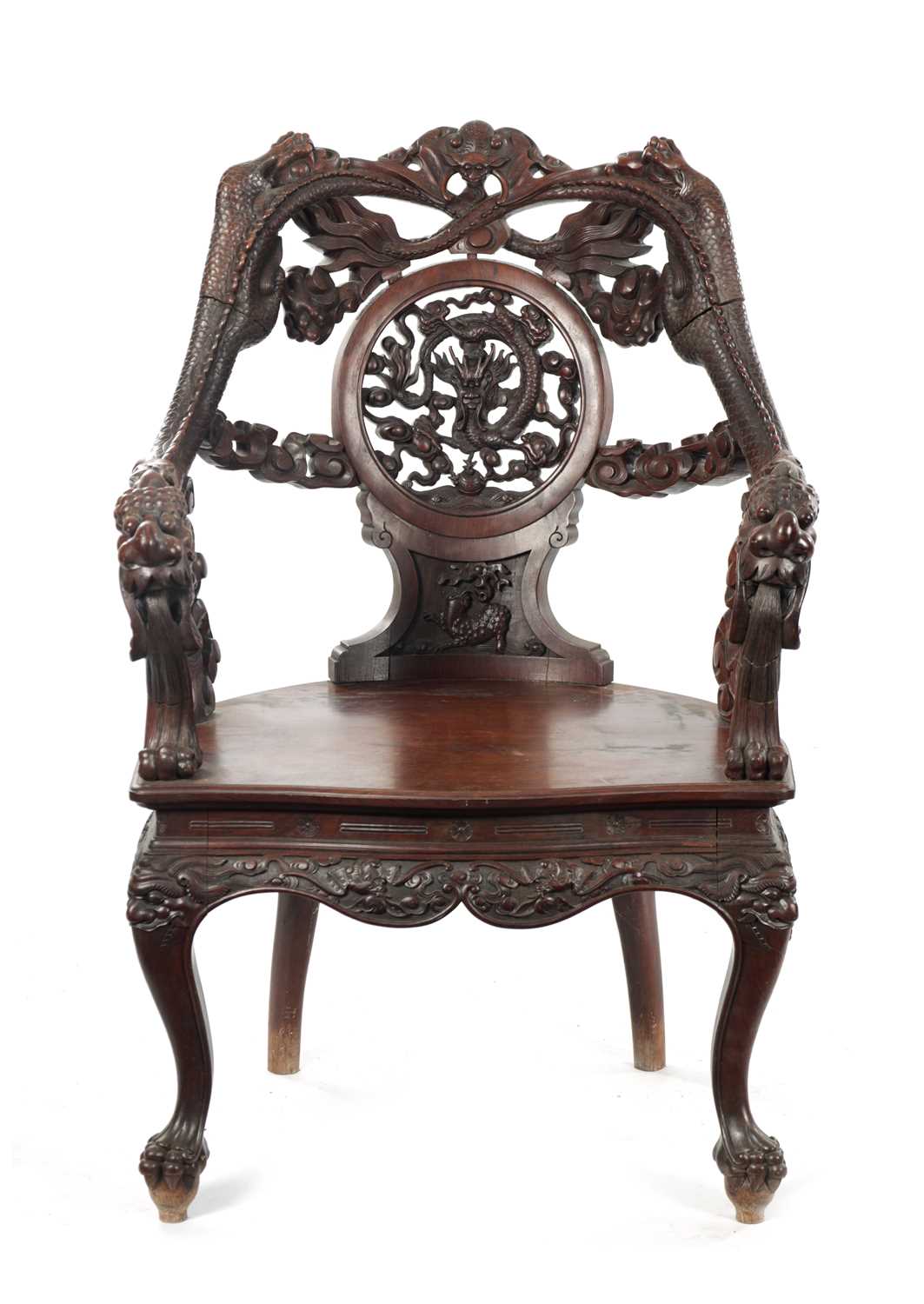 Lot 84 - A GOOD 19TH CENTURY CHINESE CARVED HARDWOOD ARMCHAIR