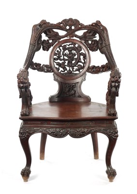 Lot 84 - A GOOD 19TH CENTURY CHINESE CARVED HARDWOOD ARMCHAIR