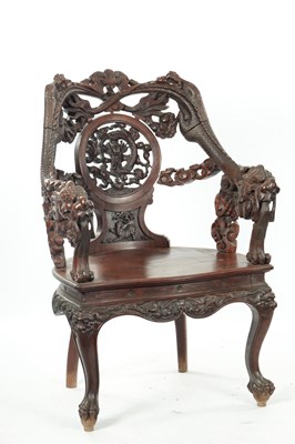 Lot 84 - A GOOD 19TH CENTURY CHINESE CARVED HARDWOOD ARMCHAIR