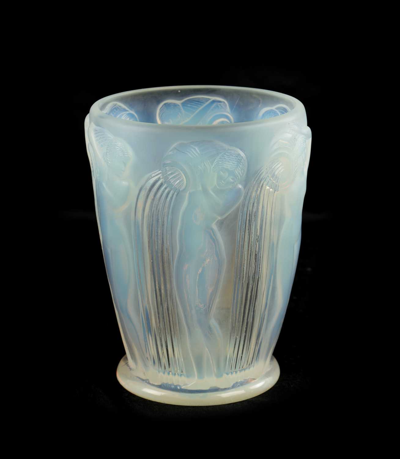 Lot 19 - AN R. LALIQUE OPALESCENT BLUE STAINED 'DANAIDES' TAPERING GLASS VASE