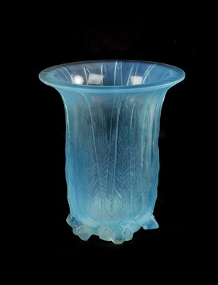 Lot 22 - A RENE LALIQUE OPALESCENT AND BLUE STAINED 'EUCALYPTUS' FLARED NECK GLASS VASE