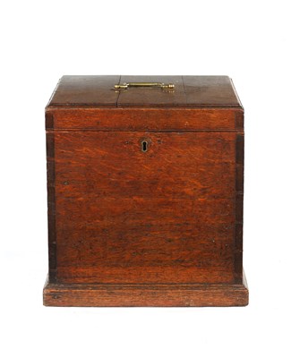 Lot 955 - A GEORGE III  LINED FOUR DIVISIONAL OAK DECANTER BOX WITH BRASS HANDLE