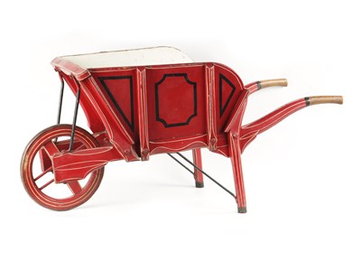 Lot 984 - A 19TH CENTURY PAINTED WOODEN WHEELBARROW OF SMALL SIZE