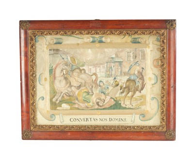Lot 978 - A 19TH CENTURY SILK NEEDLEWORK PICTURE, TITLED ’CONVERTAS NOS DOMINE ‘