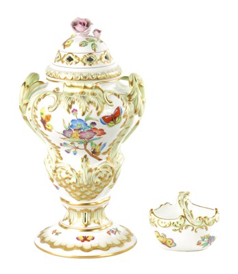 Lot 25 - A LARGE HEREND CABINET VASE TOGETHER WITH A SMALL BASKET