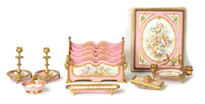 Lot 32 - A 19TH CENTURY FRENCH SERVES STYLE PORCELAIN AND ORMOLU MOUNTED DESK SET