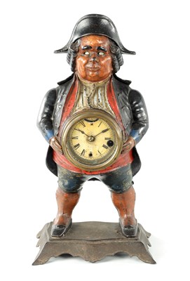 Lot 1370 - AN AMERICAN POLYCHROME PAINTED CAST IRON FIGURAL BLINKING EYE "CONTINENTAL MODEL" MANTEL TIMEPIECE