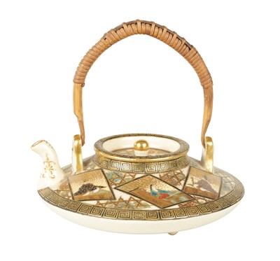 Lot 159 - A FINE JAPANESE MEIJI MINIATURE FLATTENED CIRCULAR TEAPOT AND COVER WITH FOLDING BASKETWORK HANDLE