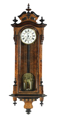 Lot 1333 - A LATE 19TH CENTURY BURR WALNUT AND EBONISED DOUBLE WEIGHT VIENNA STYLE REGULATOR WALL CLOCK