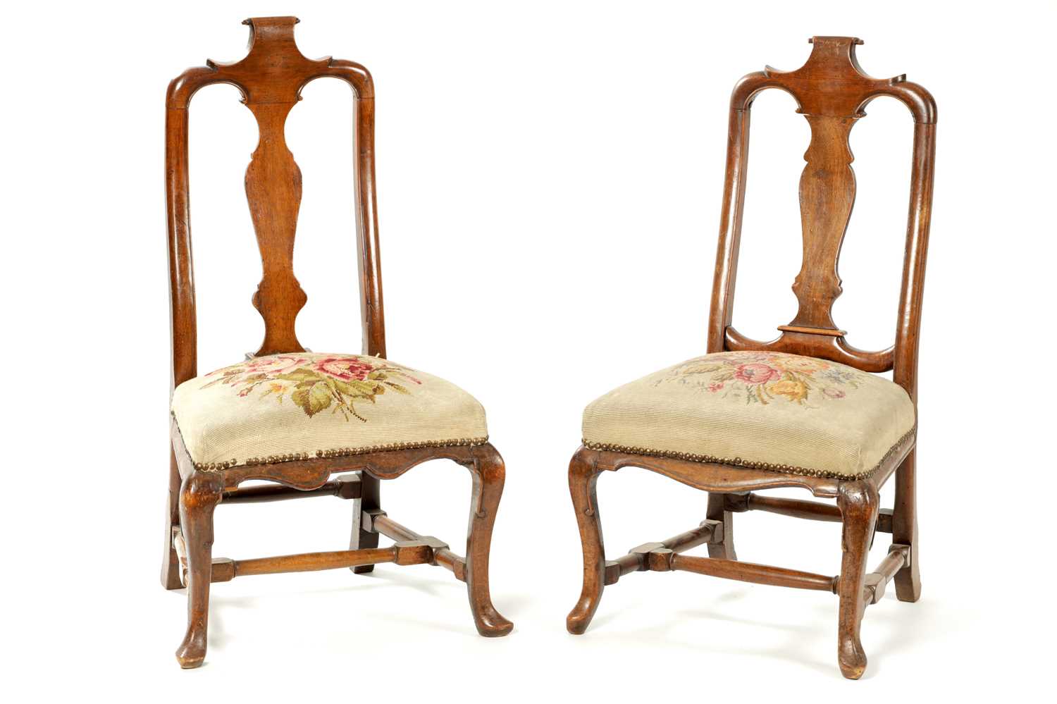 Lot 1409 - A MATCHED PAIR OF GEORGE I WALNUT SIDE CHAIRS OF SMALL SIZE