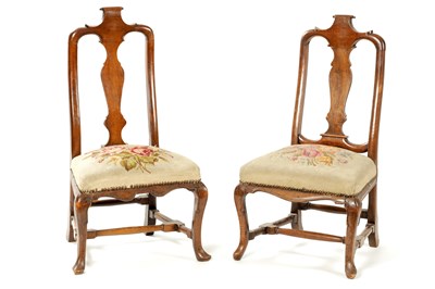 Lot 1409 - A MATCHED PAIR OF GEORGE I WALNUT SIDE CHAIRS OF SMALL SIZE
