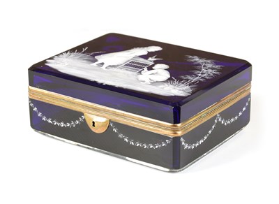 Lot 12 - A 19TH CENTURY BRISTOL BLUE MARY GREGORY GLASS JEWELLERY CASKET