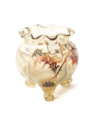 Lot 3 - EMILE GALLE. A LATE 19TH CENTURY SMALL ENAMELLED AMBER GLASS BULBOUS VASE
