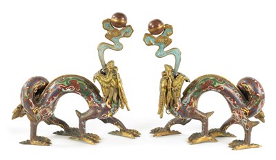Lot 80 - A PAIR OF 19TH CHINESE CLOISONNE AND GILT BRASS DRAGON CENSORS