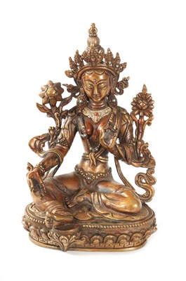 Lot 79 - A BRONZE AND JEWELLED TIBETAN BRONZE SCULPTURE