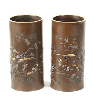 Lot 87 - A FINE PAIR OF JAPANESE MEIJI PERIOD BRONZE AND MIXED METAL CYLINDRICAL VASES
