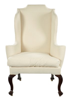 Lot 1481 - AN OVER-SIZED EARLY 18TH CENTURY WALNUT WINGBACK UPHOLSTERED ARMCHAIR