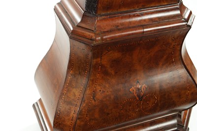 Lot 1226 - THOMAS CROFTS, LEEDES. AN 18TH CENTURY FIGURED WALNUT, MARQUETRY INLAID AND CHEQUERBAND STRUNG EIGHT DAY LONGCASE CLOCK