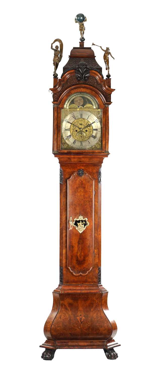Lot 1226 - THOMAS CROFTS, LEEDES. AN 18TH CENTURY FIGURED WALNUT, MARQUETRY INLAID AND CHEQUERBAND STRUNG EIGHT DAY LONGCASE CLOCK