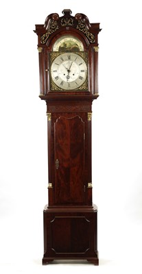 Lot 1339 - ROBERT GREAVES, MACCLESFIELD. A GEORGE III FIGURED MAHOGANY EIGHT DAY LONGCASE CLOCK