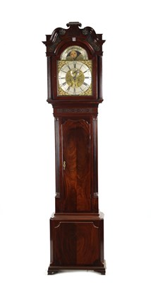 Lot 1310 - JOHN WYKE, LIVERPOOL. AN EARLY GEORGE III FIGURED MAHOGANY EIGHT DAY LONGCASE CLOCK
