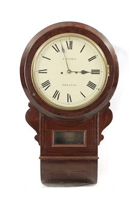 Lot 1287 - T. YATES, PRESTON. A 19TH CENTURY STRING INLAID MAHOGANY DOUBLE FUSEE WALL CLOCK