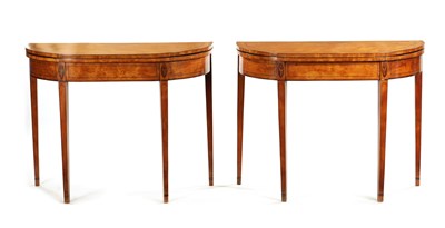 Lot 1487 - ATT. WILLIAM MOORE, DUBLIN. A FINE PAIR OF GEORGE III IRISH EBONY STRUNG INLAID FIGURED SATINWOOD BOW FRONT CARD TABLES