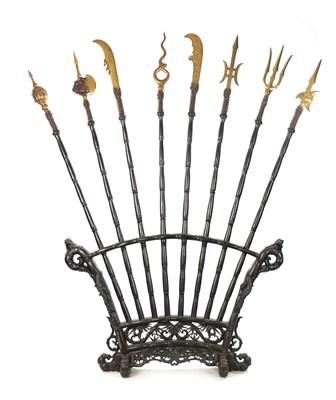 Lot 512 - A LATE 19TH CENTURY CHINESE HARDWOOD AND GILT BRONZE WEAPONS STAND