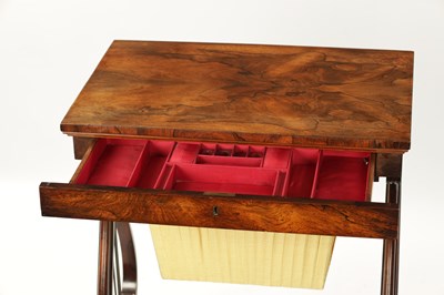 Lot 1378 - A GOOD GEORGE IV FIGURED ROSEWOOD WORK TABLE OF FINE PROPORTIONS