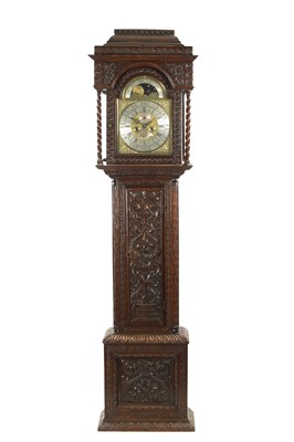 Lot 1215 - THOMAS LISTER, LUDDENDEN. A MID 18TH CENTURY EIGHT-DAY BRASS DIAL MOON ROLLER LONGCASE CLOCK