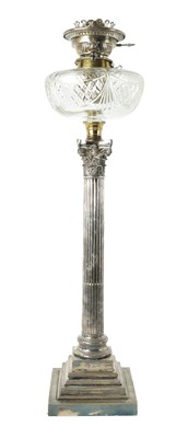 Lot 36 - A 19TH CENTURY SILVER PLATED CORINTHIUM COLUMN OIL LAMP