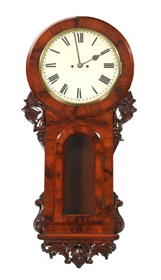 Lot 1279 - A 19TH CENTURY ENGLISH FIGURED MAHOGANY DOUBLE FUSEE WALL CLOCK