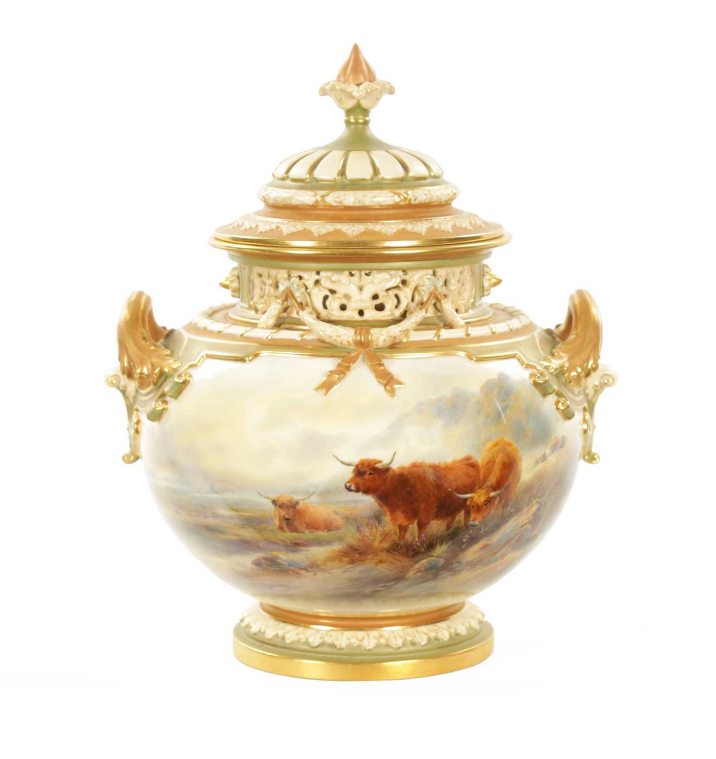 Lot 481 - JOHN STINTON A FINE ROYAL WORCESTER POT POURRI JAR AND COVER OF LARGE SIZE