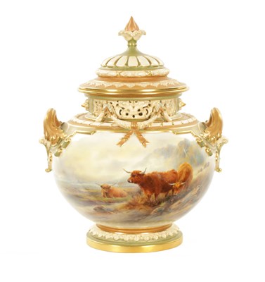 Lot 481 - JOHN STINTON A FINE ROYAL WORCESTER POT POURRI JAR AND COVER OF LARGE SIZE